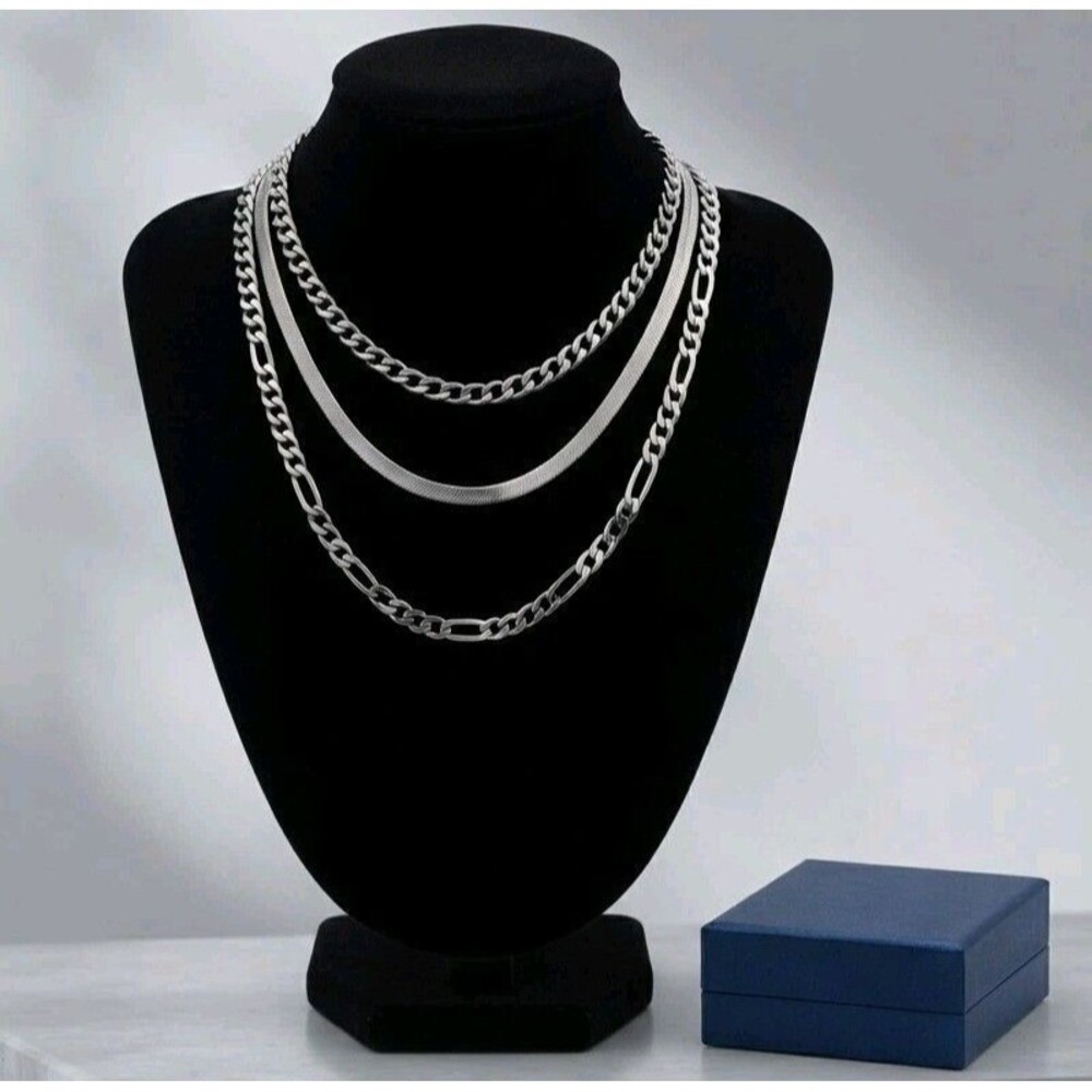 New Men's Stainless Steel Necklace Set 17" Curb, Herringbone, Figaro in Blue Box